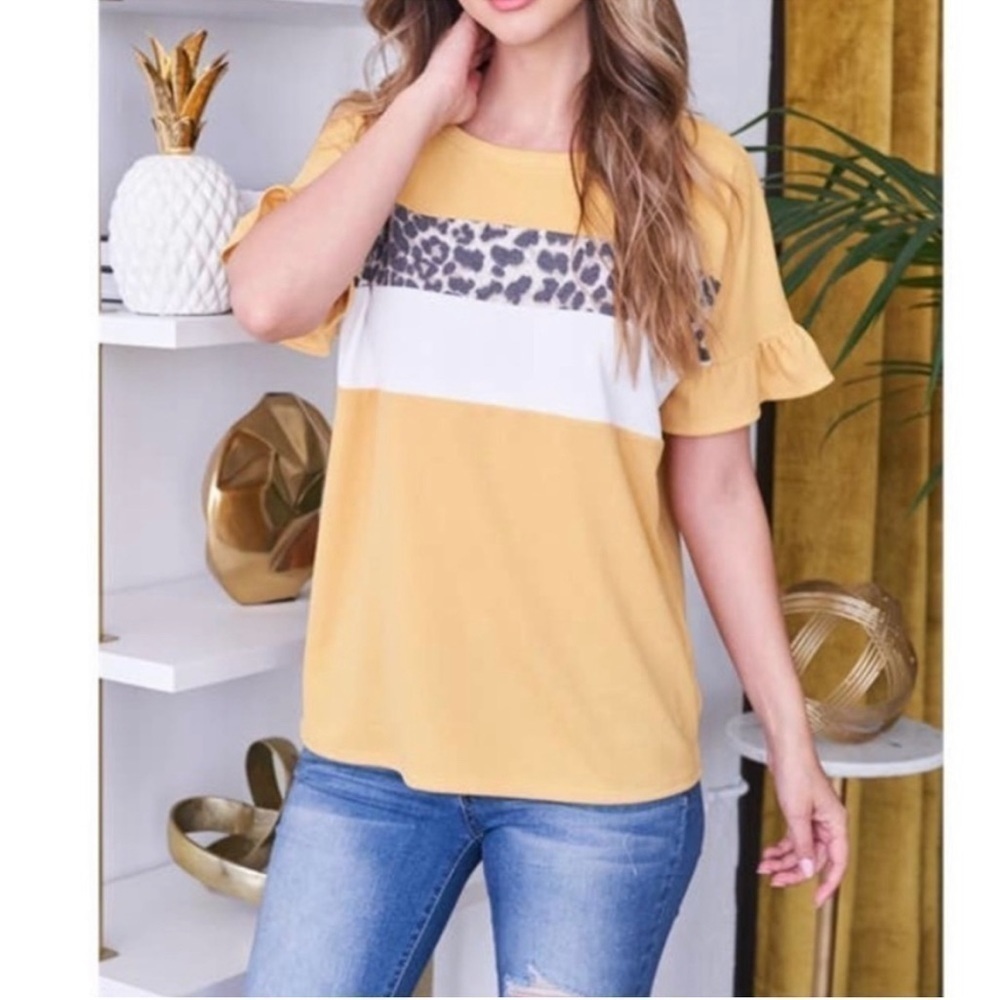 MUSTARD Leopard Animal Print
Color Block Ruffle Sleeve Top - Picture 3 of 6